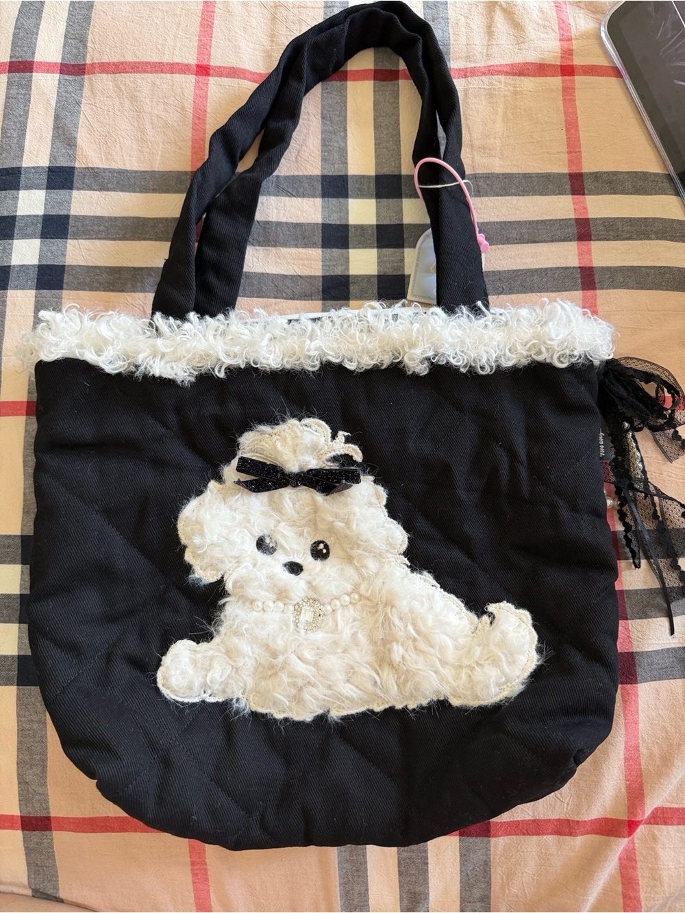 Black Tote Bag with White Poodle Applique